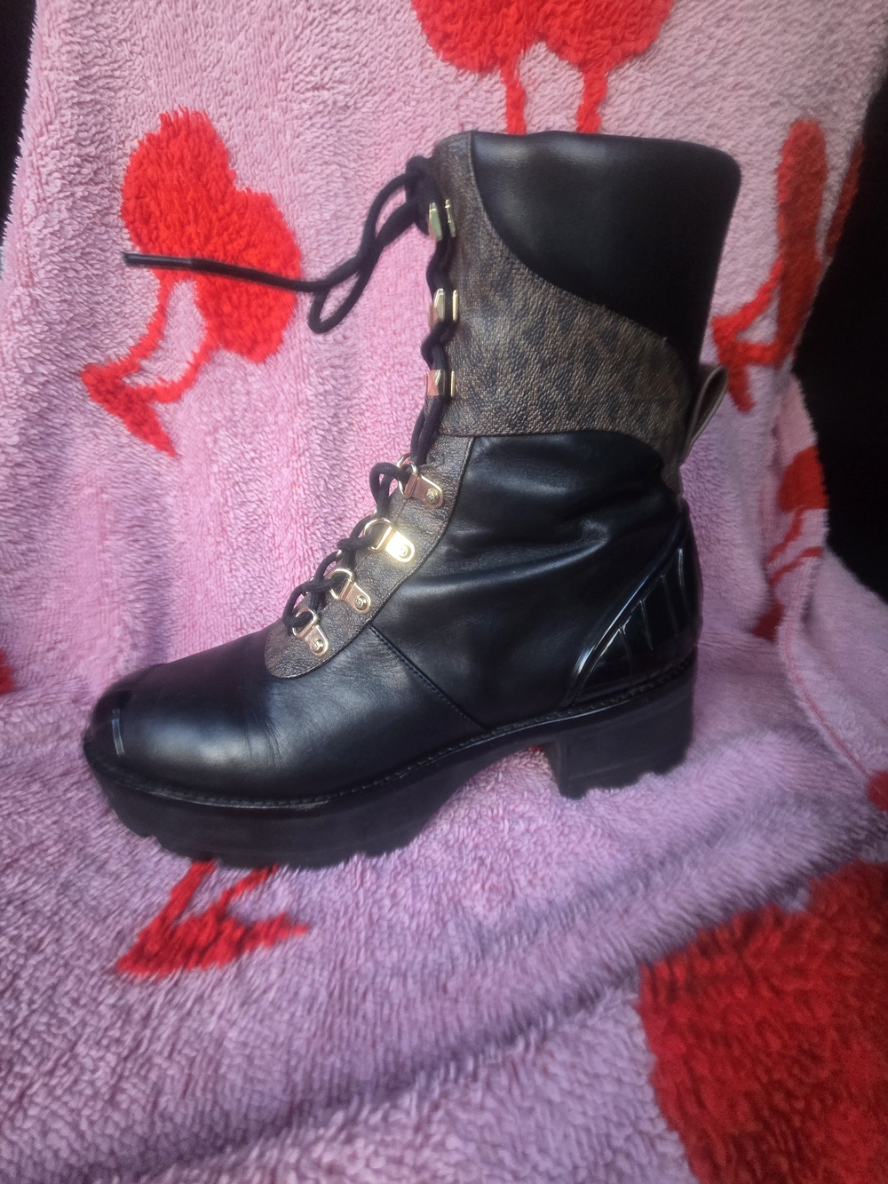 Michael Kors MK Monogram Combat Boots Black Brown Gold Hardware size 10